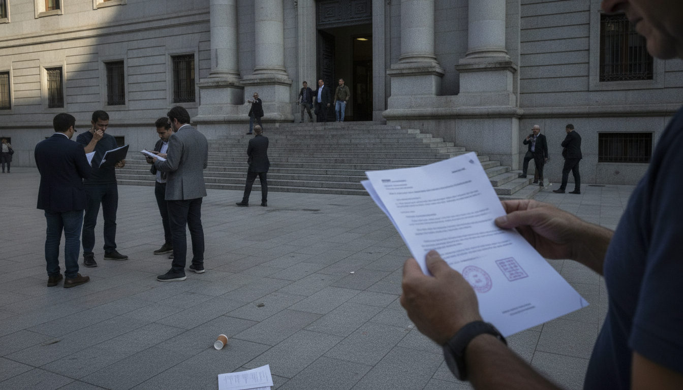 Personas con documentos frente a un edificio judicial en España, reflejando los trámites legales y la búsqueda de residencia.