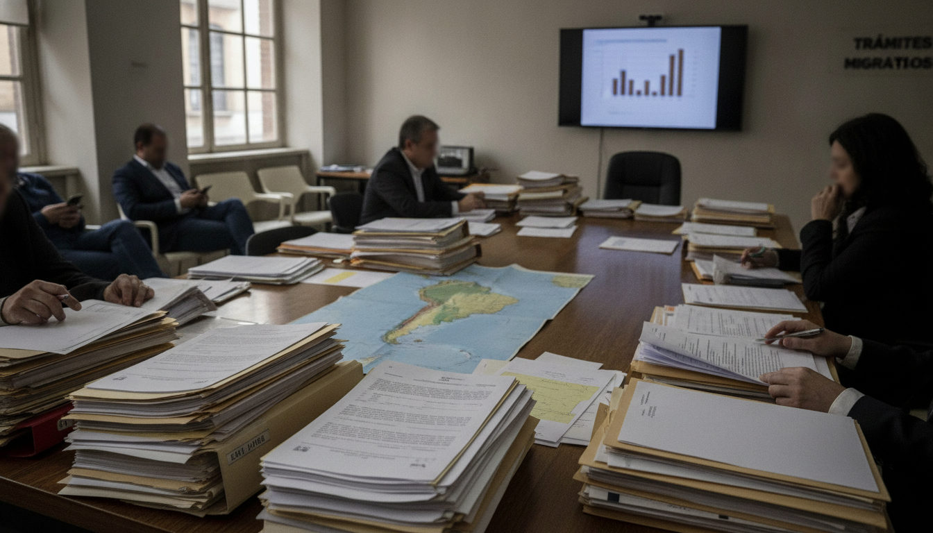 Manos revisando formularios y documentos de solicitud en una oficina de migración, con un ambiente serio y burocrático que transmite incertidumbre.