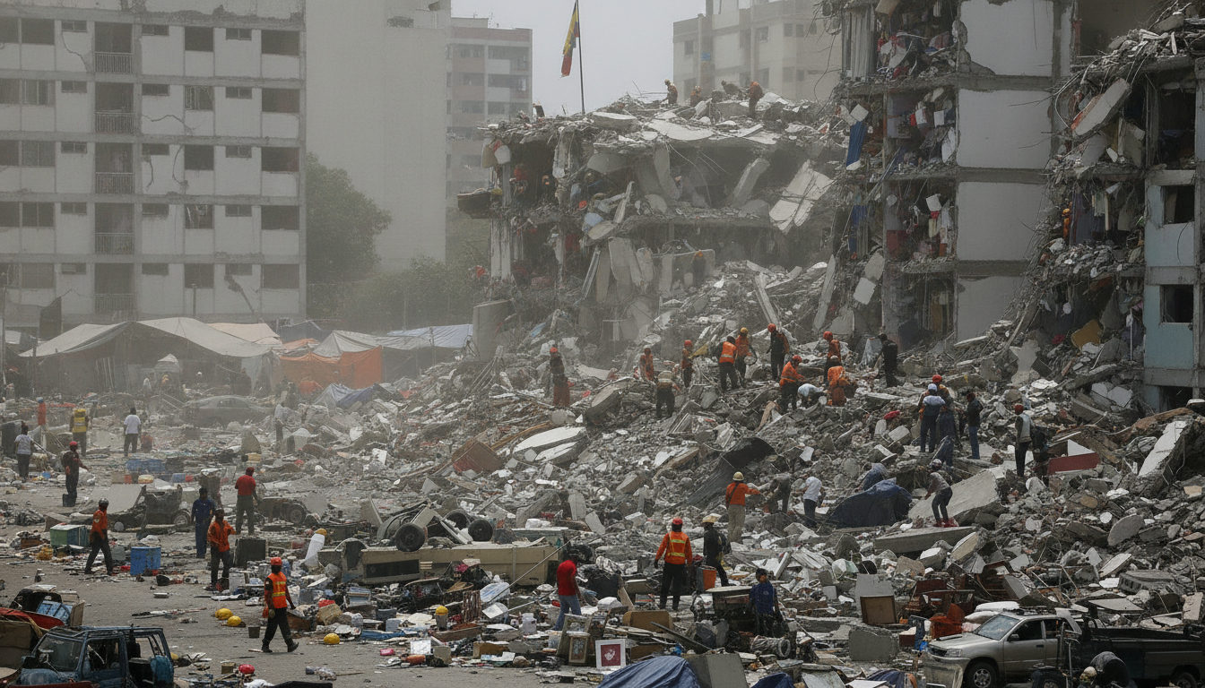 Equipos de rescate y voluntarios buscando supervivientes entre los escombros de edificios dañados tras los recientes terremotos en una ciudad venezolana, con polvo y estructuras precarias en el fondo.