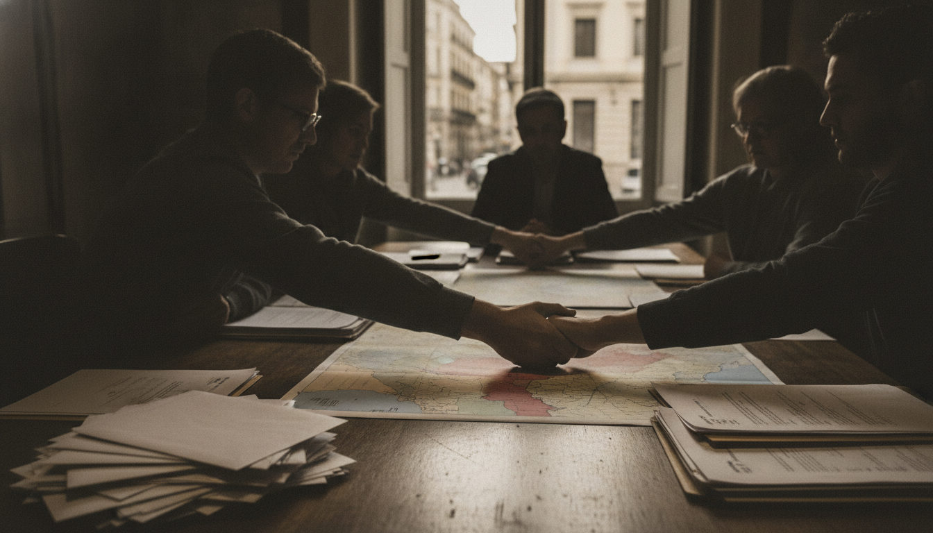 Manos sobre una mesa de reuniones con documentos y un mapa de Venezuela, simulando una discusión sobre ayuda humanitaria y el desbloqueo de fondos.