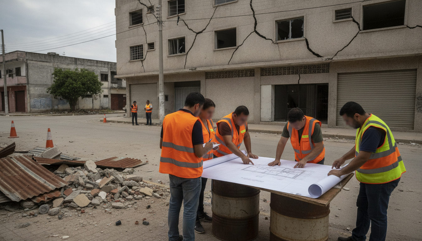 Equipo de evaluación de daños inspecciona un edificio con grietas en una calle de Venezuela tras los recientes terremotos.