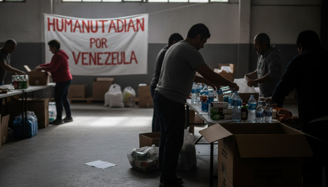 Voluntarios organizando y empaquetando donaciones en un centro de acopio para los afectados por los terremotos en Venezuela, con cajas de ayuda apiladas.