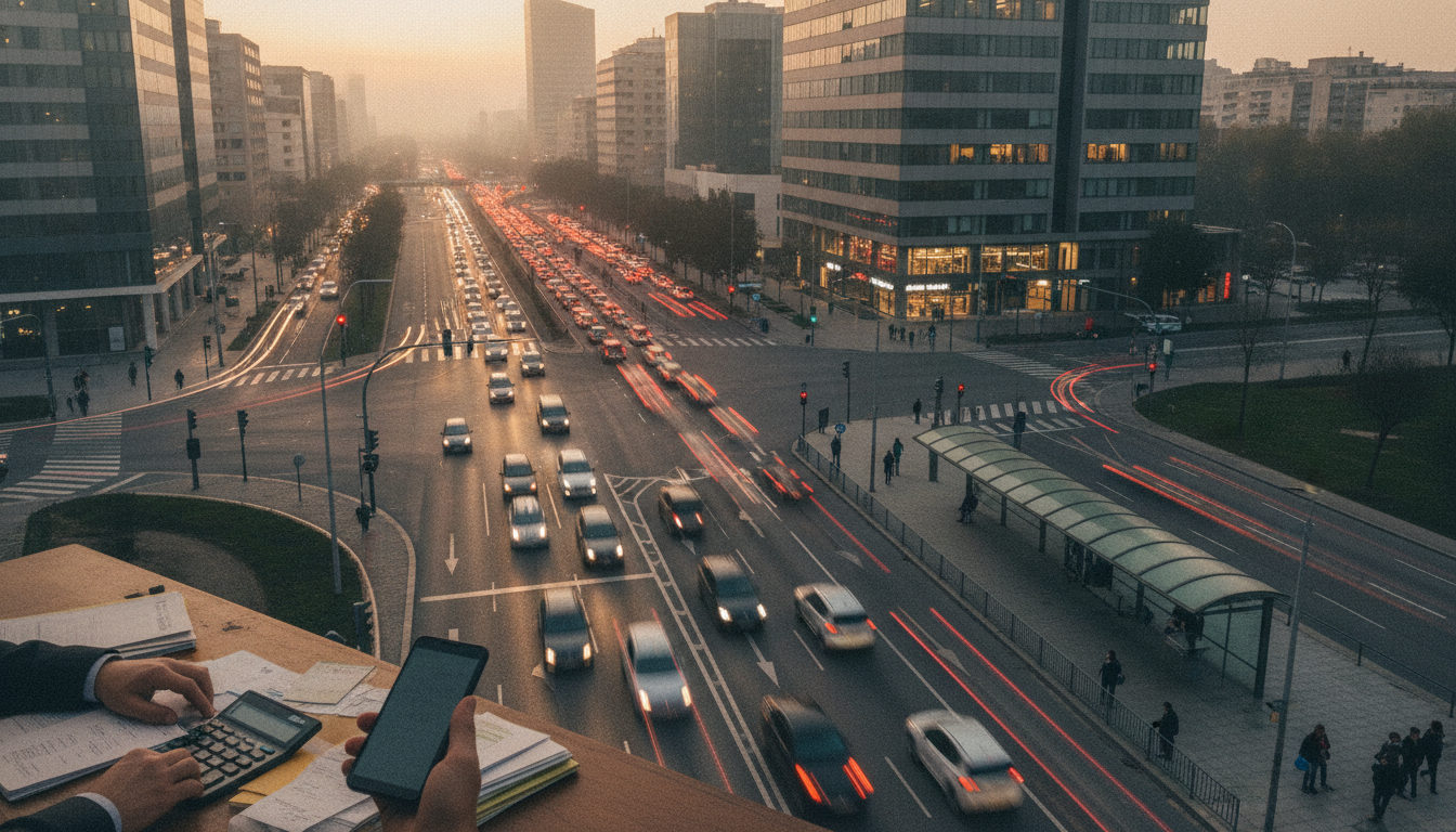 Tráfico matutino en una entrada a la ciudad de València, destacando la alta dependencia del coche privado y la coexistencia con el transporte público en hora punta.