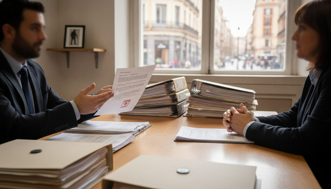 Manos de un abogado revisando documentos legales importantes con un familiar de un solicitante de asilo en una oficina, con una calle de fondo.