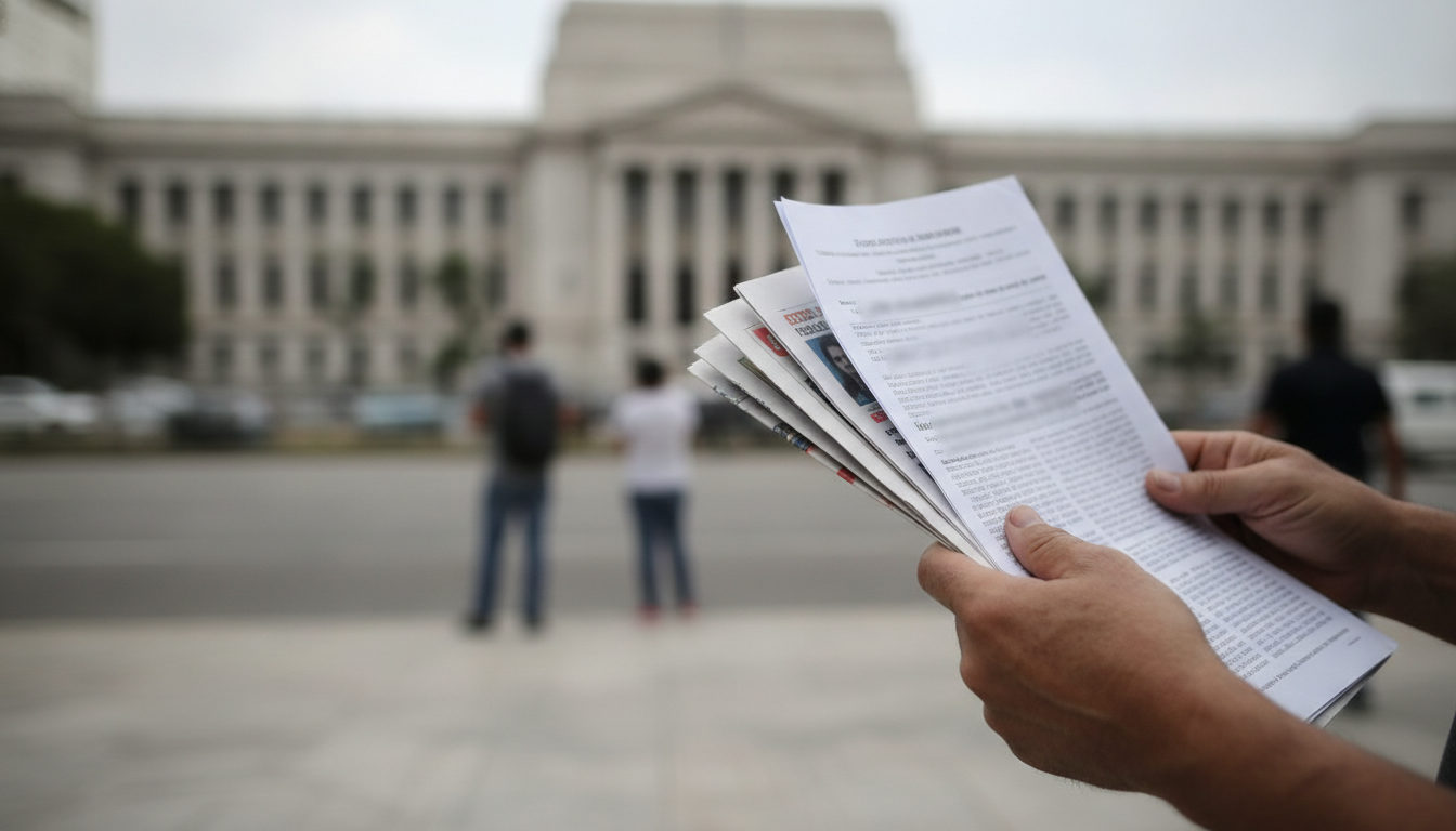 Manos sostienen documentos legales que reflejan decisiones políticas recientes, con el fondo borroso de una calle venezolana.