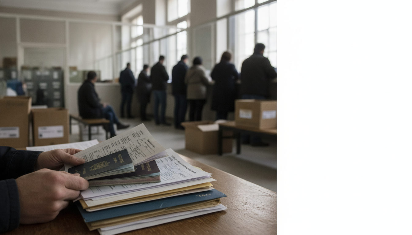 Manos de una persona revisando documentos de inmigración y pasaportes sobre una mesa, simbolizando el proceso migratorio y sus trámites.