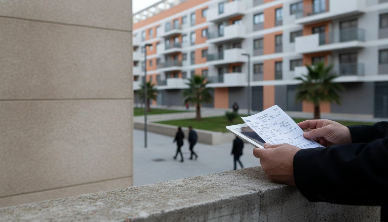 Manos de una persona revisando documentos de vivienda frente a un edificio de viviendas sociales en València.
