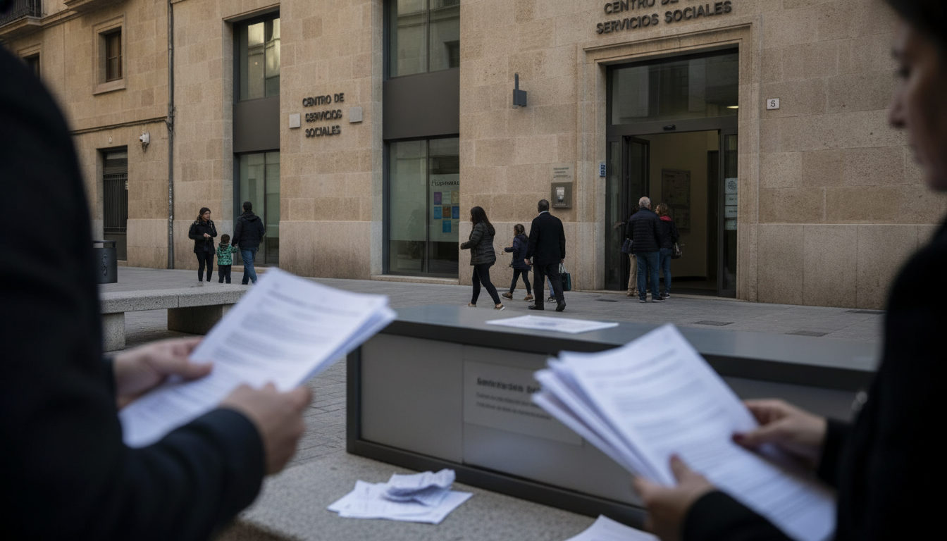 Varias personas, algunas con niños y carpetas de documentos, interactúan en la entrada de un Centro de Servicios Sociales en València, reflejando la actividad diaria de trámites.