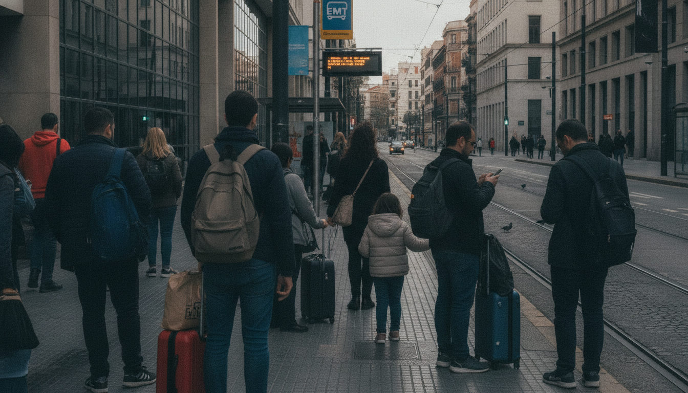 Varias personas en una parada de autobús de la EMT en València, esperando bajo un cartel que indica la ruta del transporte público.