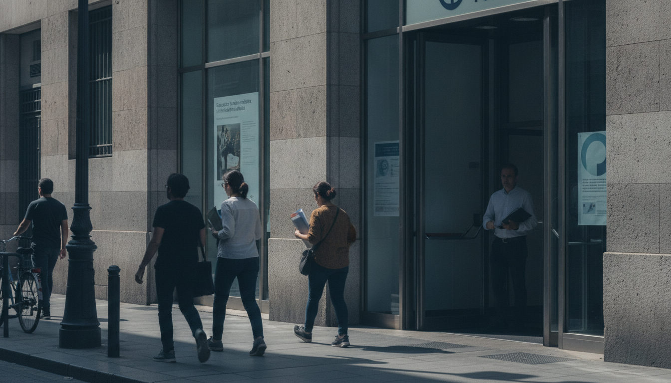 Ciudadanos moviéndose cerca de una oficina municipal en València bajo una luz solar atenuada por el eclipse, con gente consultando avisos en un tablón informativo.