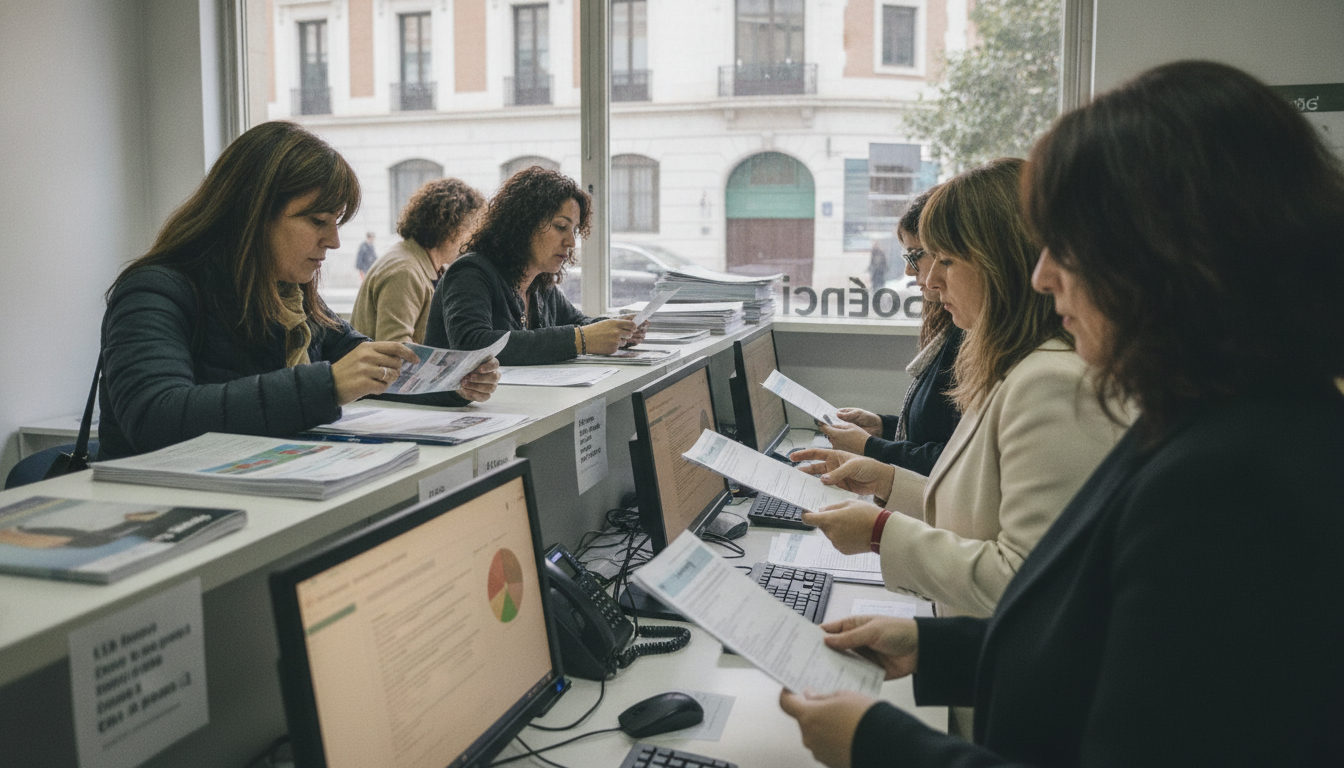 Mujeres consultando sobre ofertas de empleo en una oficina de Labora en València, con documentos y pantallas al fondo.