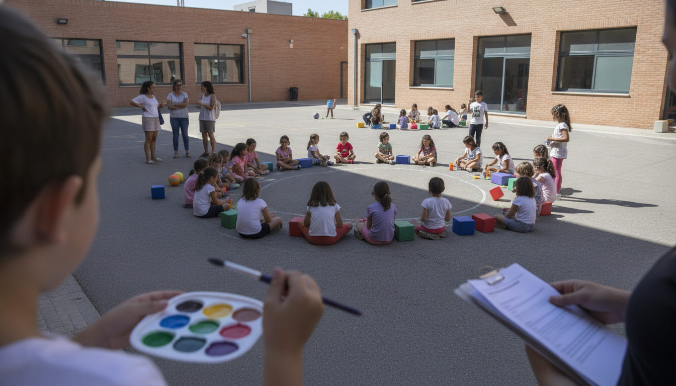 Niños y monitores participando en actividades recreativas al aire libre en el patio de una escuela de verano en Torrent, València.