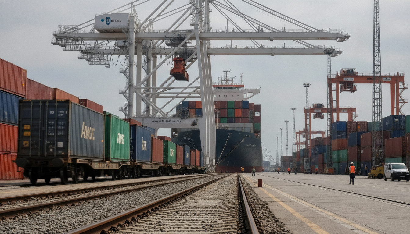 Vías férreas y tren de carga en movimiento en el puerto de València, con grúas operando sobre contenedores y barcos, ilustrando la importancia logística del Corredor Mediterráneo.