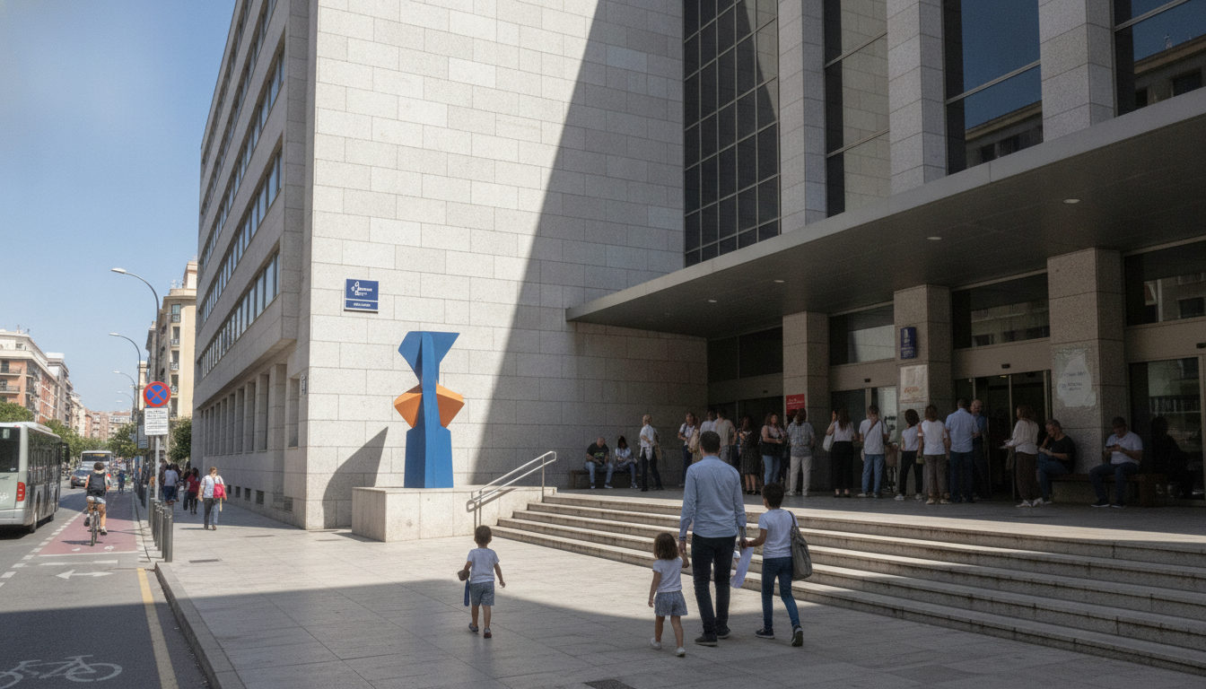 Personas conversando frente a un edificio de servicios públicos en València, con adultos y jóvenes, sugiriendo la actividad de trámites y gestiones cotidianas en la ciudad.