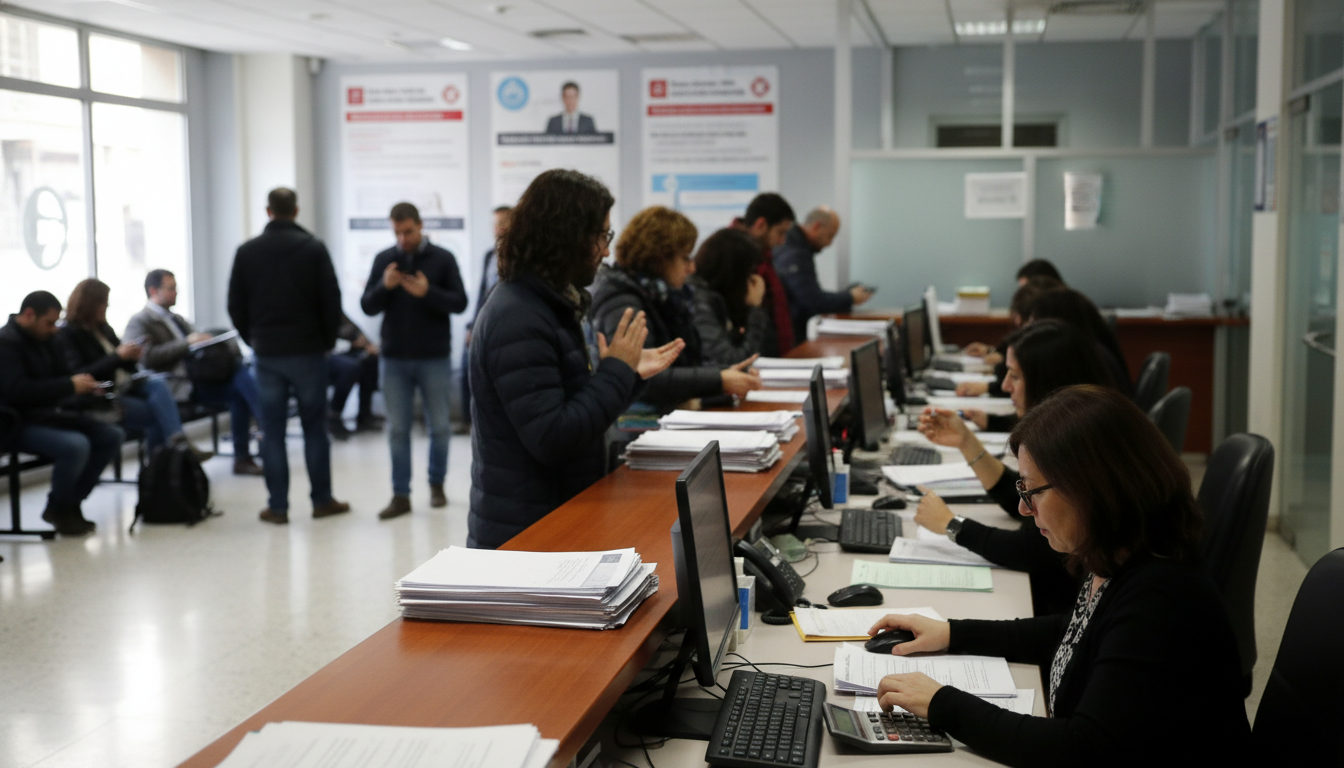 Varias personas con documentos en mano en la sala de espera de una oficina de empleo en València, buscando información o gestionando trámites laborales.