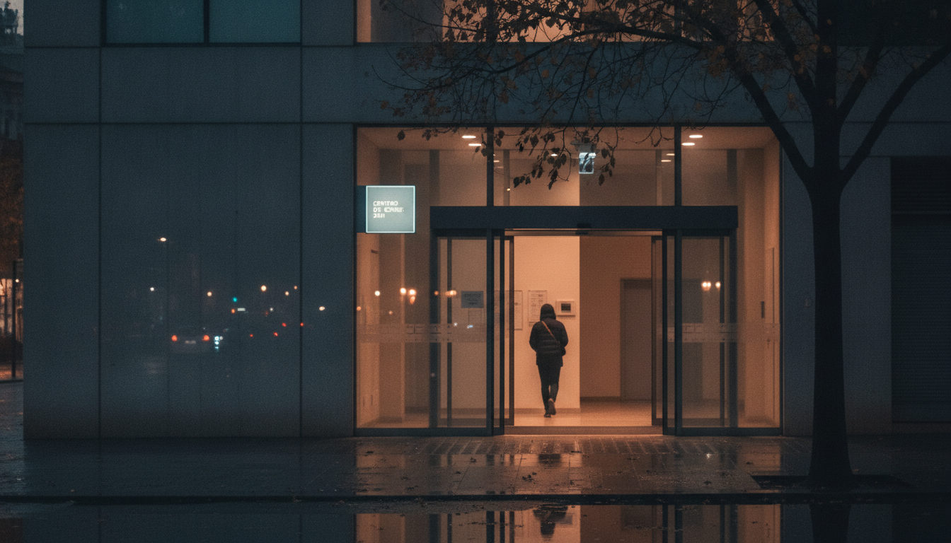 Edificio iluminado discretamente con el letrero 'Centro de Crisis 24h' en una calle urbana durante la noche, sugiriendo un punto de apoyo constante.