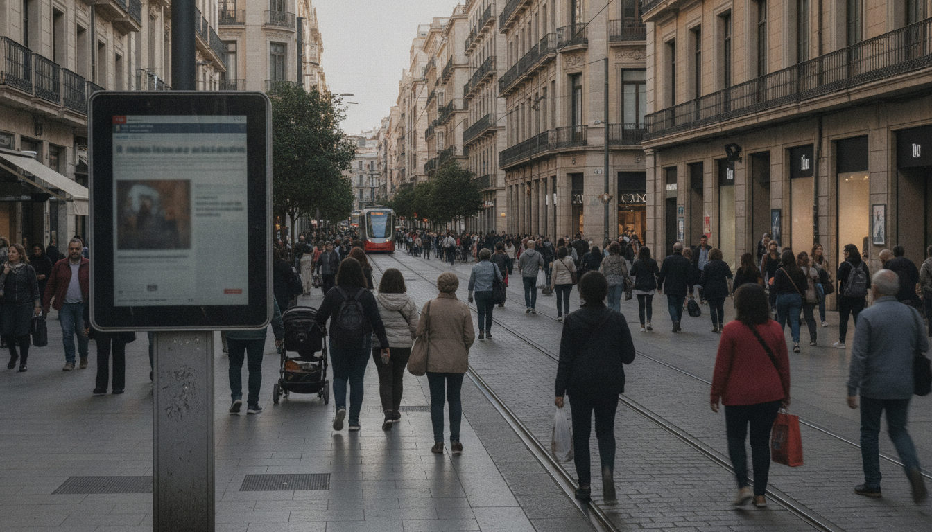 Varias personas transitan por una calle animada de València, con edificios clásicos y modernos, y un cartel informativo en segundo plano sobre normativas locales.