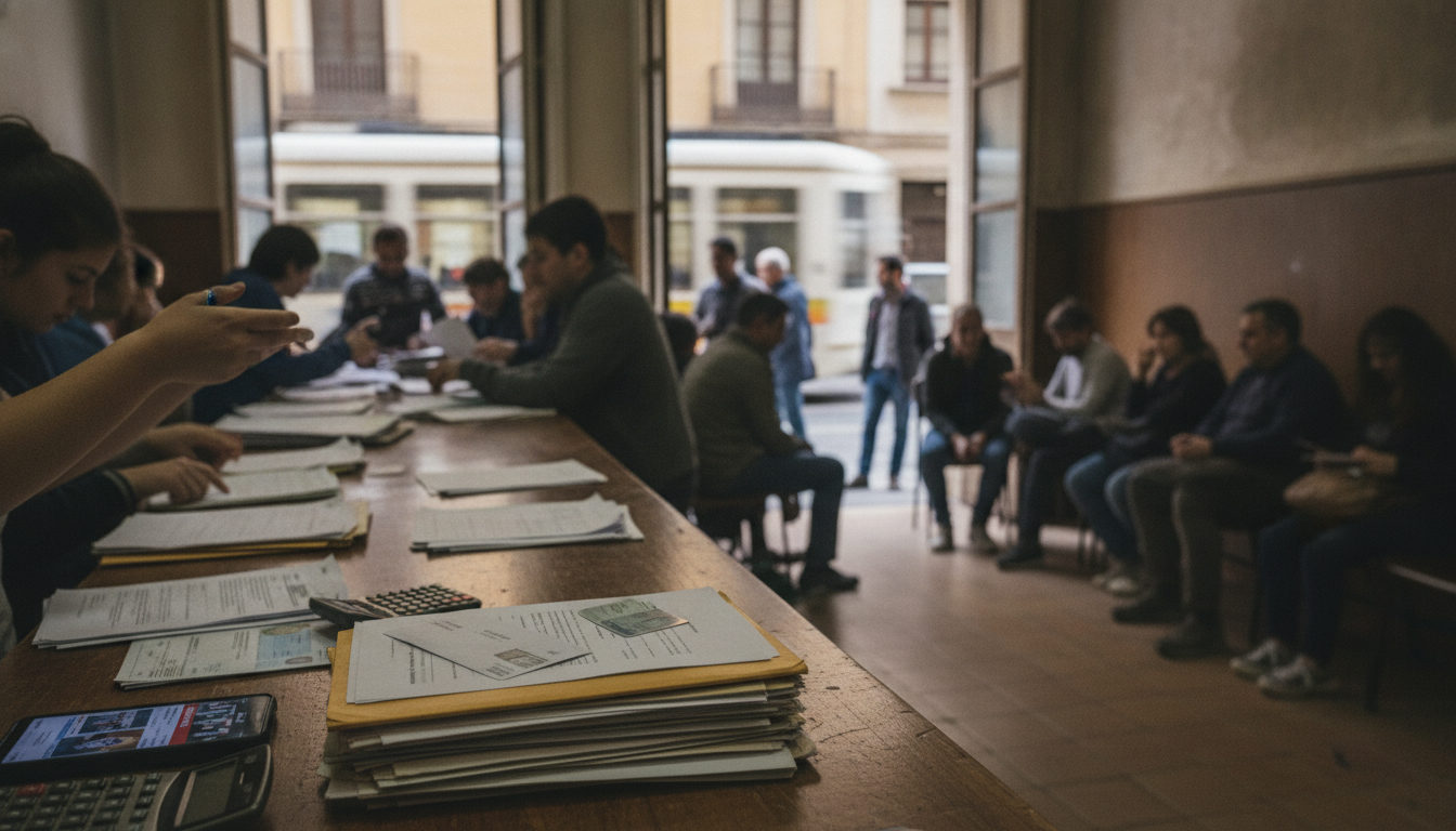 Venezolanos interactuando en un centro de apoyo o realizando trámites en una oficina pública de València, con documentos visibles y un ambiente de actividad.