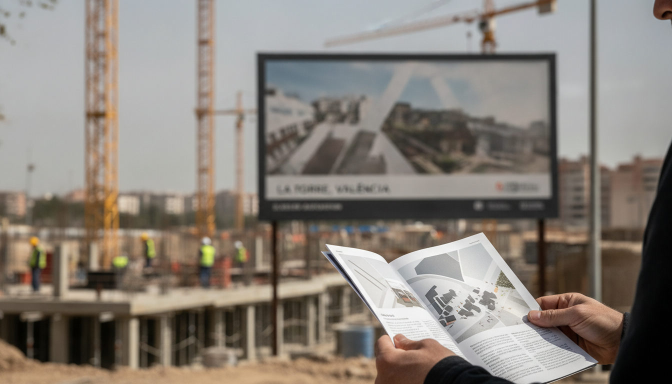 Cartel de obras de nuevas viviendas en La Torre, València, con folletos informativos sobre ayudas a la vivienda en manos de un ciudadano.