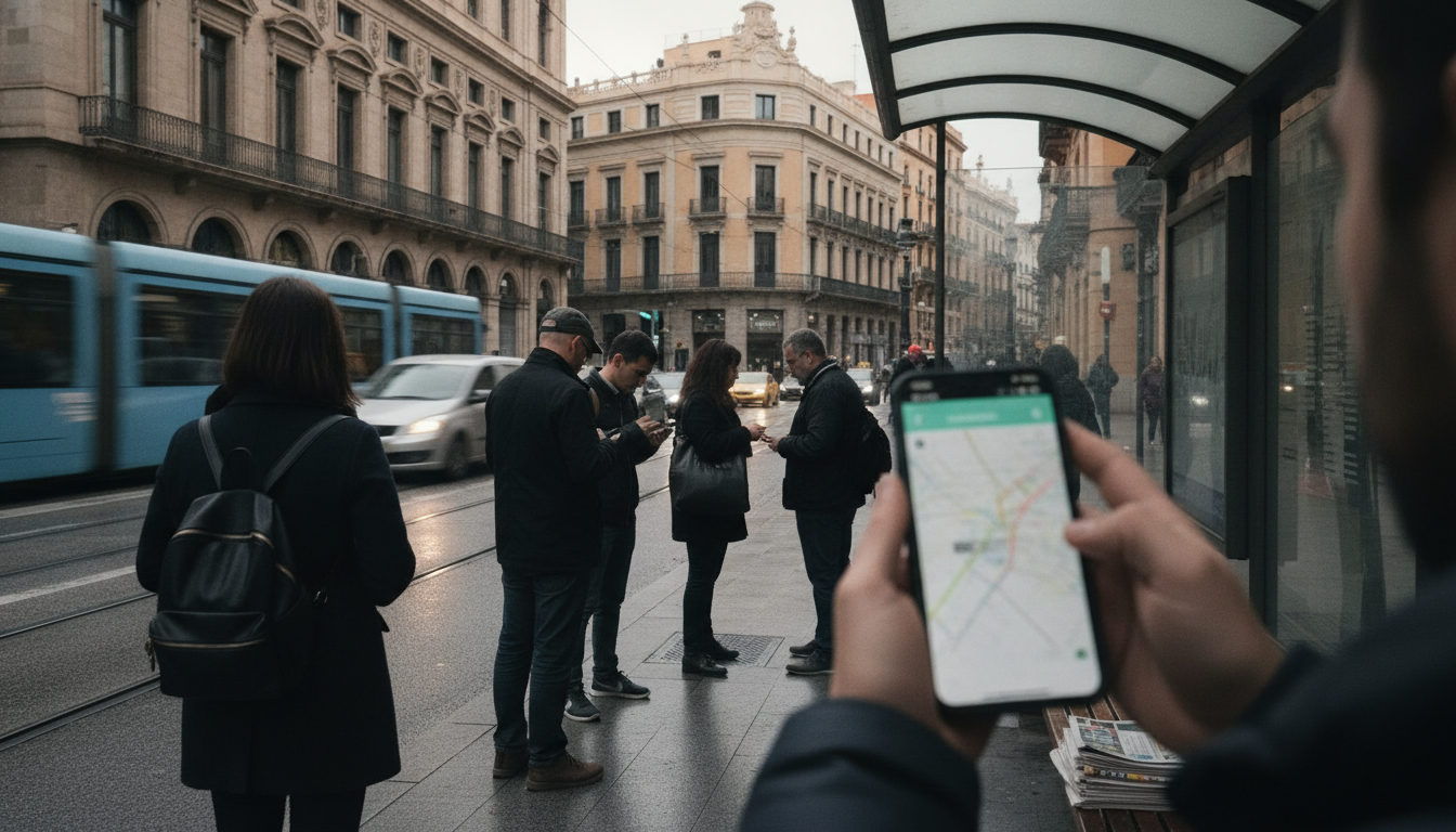 Personas esperando el autobús en una parada de València, con el detalle de una persona consultando un mapa de rutas en su móvil.