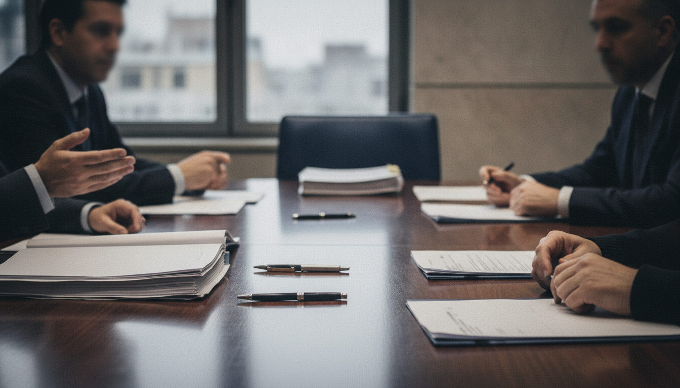 Manos de delegados sobre una mesa de reuniones con documentos, firmando o discutiendo un acuerdo sobre justicia en Venezuela.