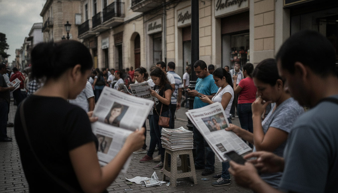 Venezolanos en una calle observan noticias en sus teléfonos, mientras las conversaciones políticas de Caracas impactan sus decisiones diarias.