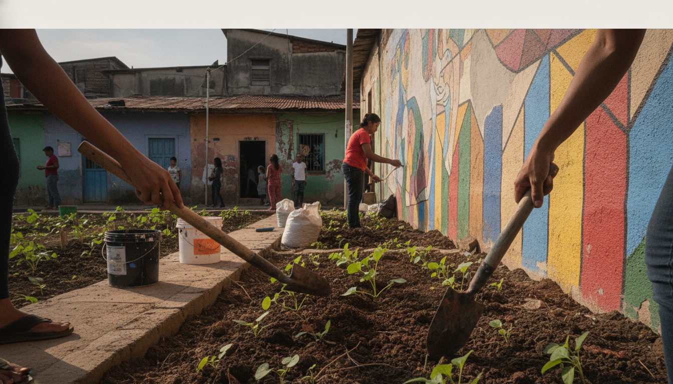 Varias manos de adultos y jóvenes venezolanos colaborando en la rehabilitación de un espacio comunitario, con herramientas y materiales, bajo el sol de la tarde.