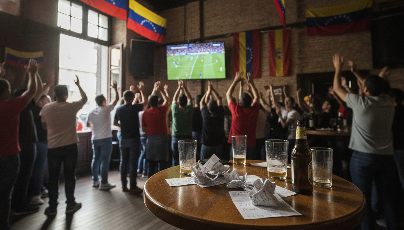 Aficionados venezolanos en un bar de España viendo un partido de la Vinotinto en la televisión, con banderas y bufandas que expresan su pasión.