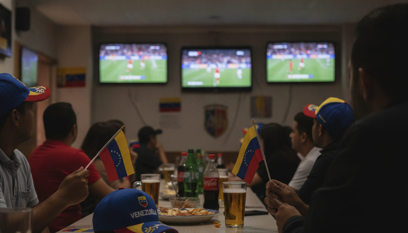 Aficionados venezolanos observando un partido de la Vinotinto en un local comunitario, con banderas y gorras, en un ambiente de apoyo colectivo.