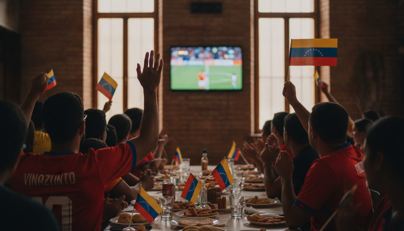 Venezolanos en España reunidos en un centro comunitario, siguiendo con pasión un partido crucial de la Vinotinto rumbo al Mundial 2026.
