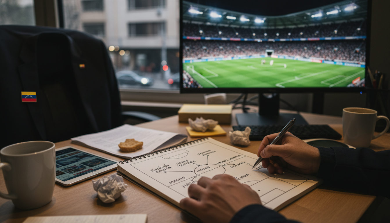 Un periodista deportivo revisa en su bloc de notas la alineación de la Vinotinto, con una imagen de cancha de fútbol en una pantalla de fondo.