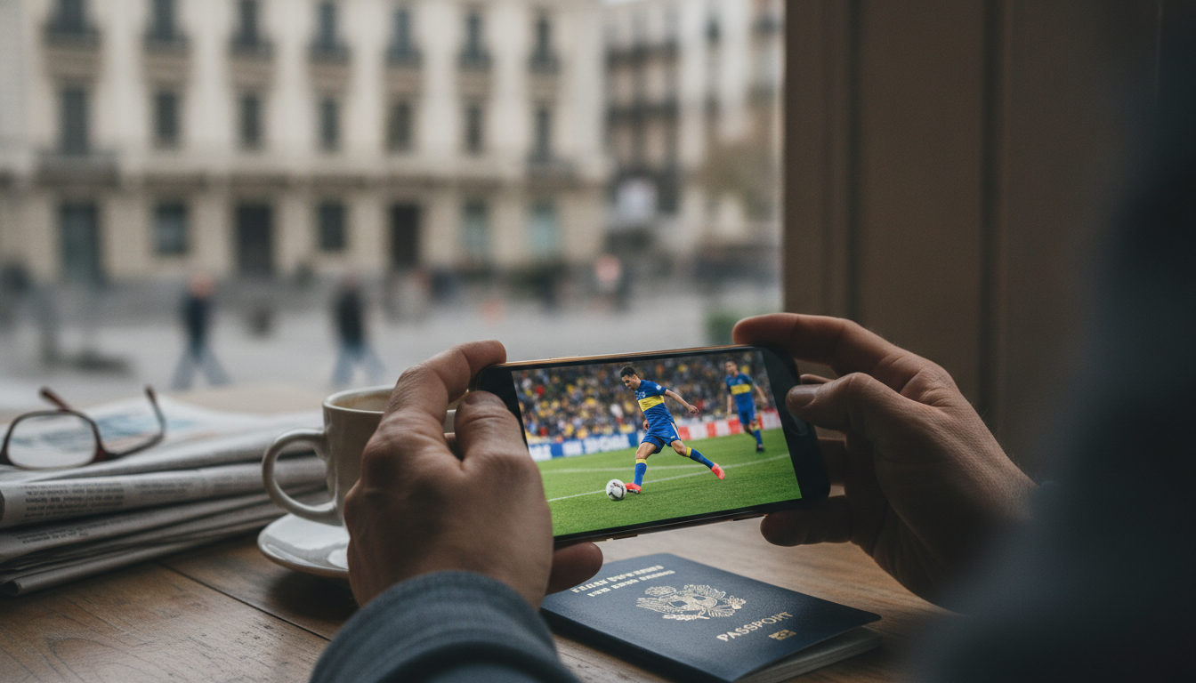 Manos sosteniendo un teléfono móvil con un partido de fútbol, un pasaporte y una taza de café en una mesa, simbolizando a un venezolano de la diáspora siguiendo a la Vinotinto.