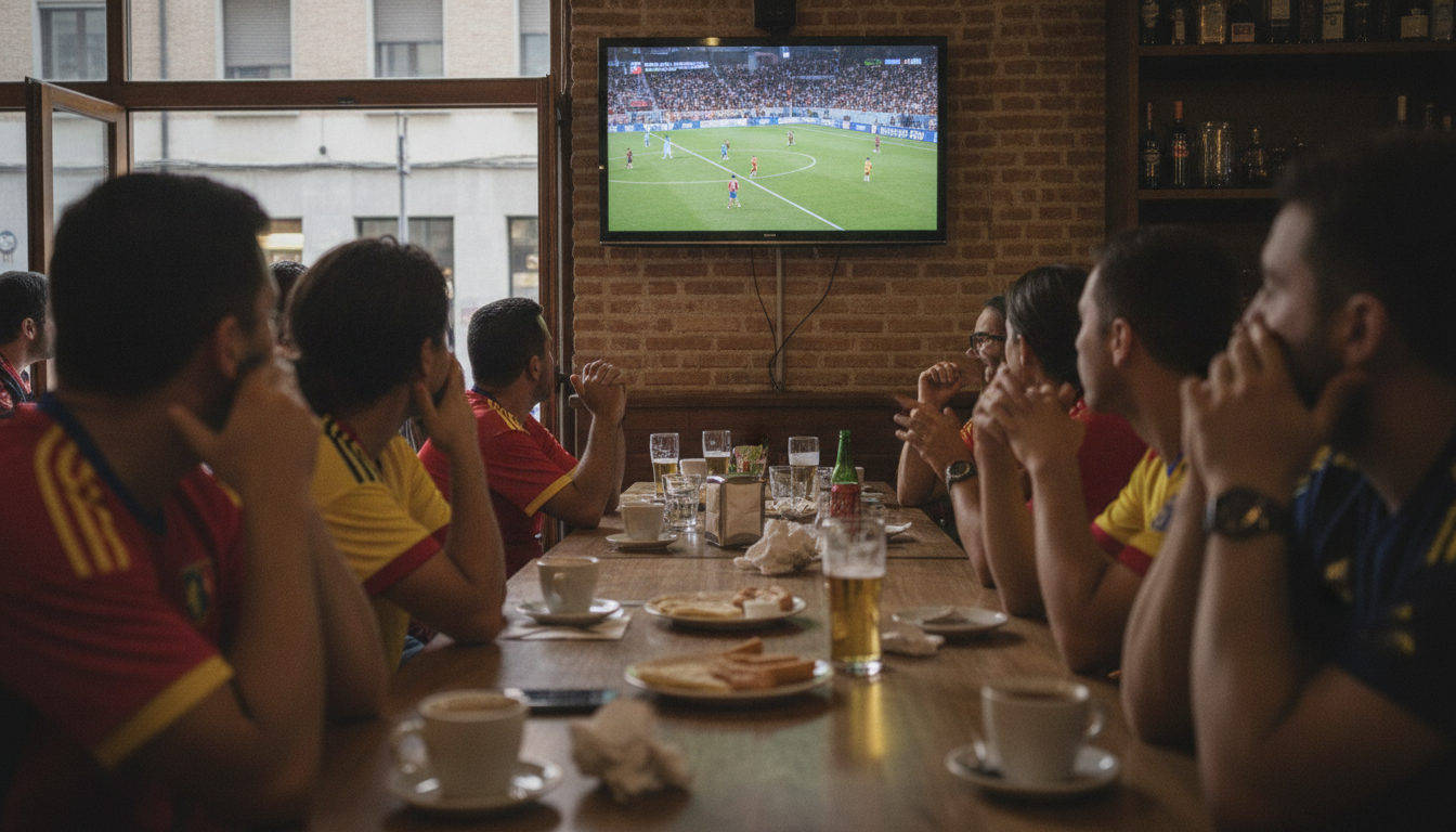 Venezolanos viendo un partido de la Vinotinto en una pantalla grande en un local de reunión, con entusiasmo y banderas tricolor.