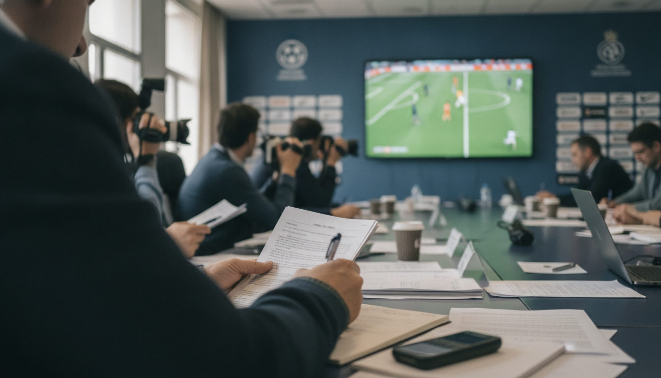 Periodistas trabajando en una sala de prensa, con un partido de fútbol proyectado en pantallas, reflejando el seguimiento de los encuentros clave.