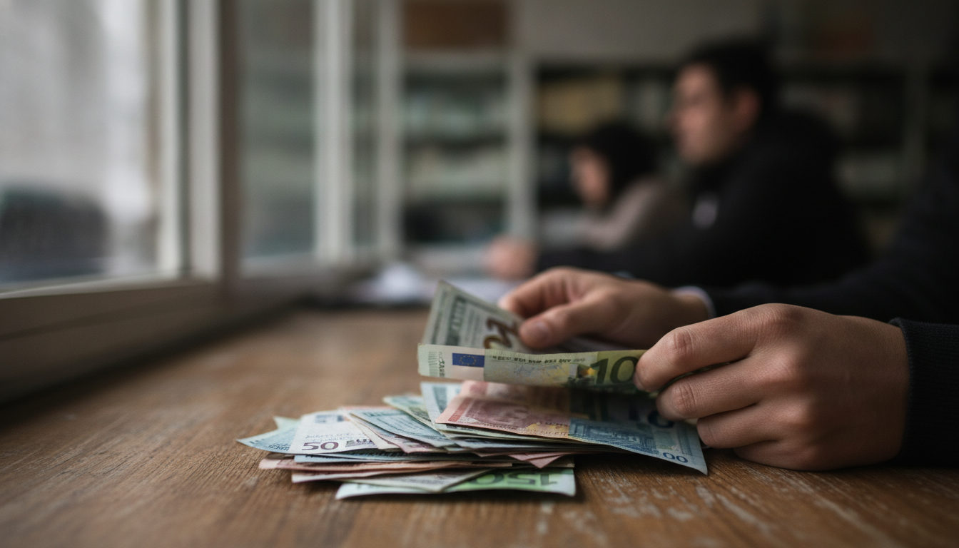 Manos de personas intercambiando billetes de diferentes monedas, incluyendo dólares y bolívares, sobre una mesa en lo que parece ser una transacción financiera.
