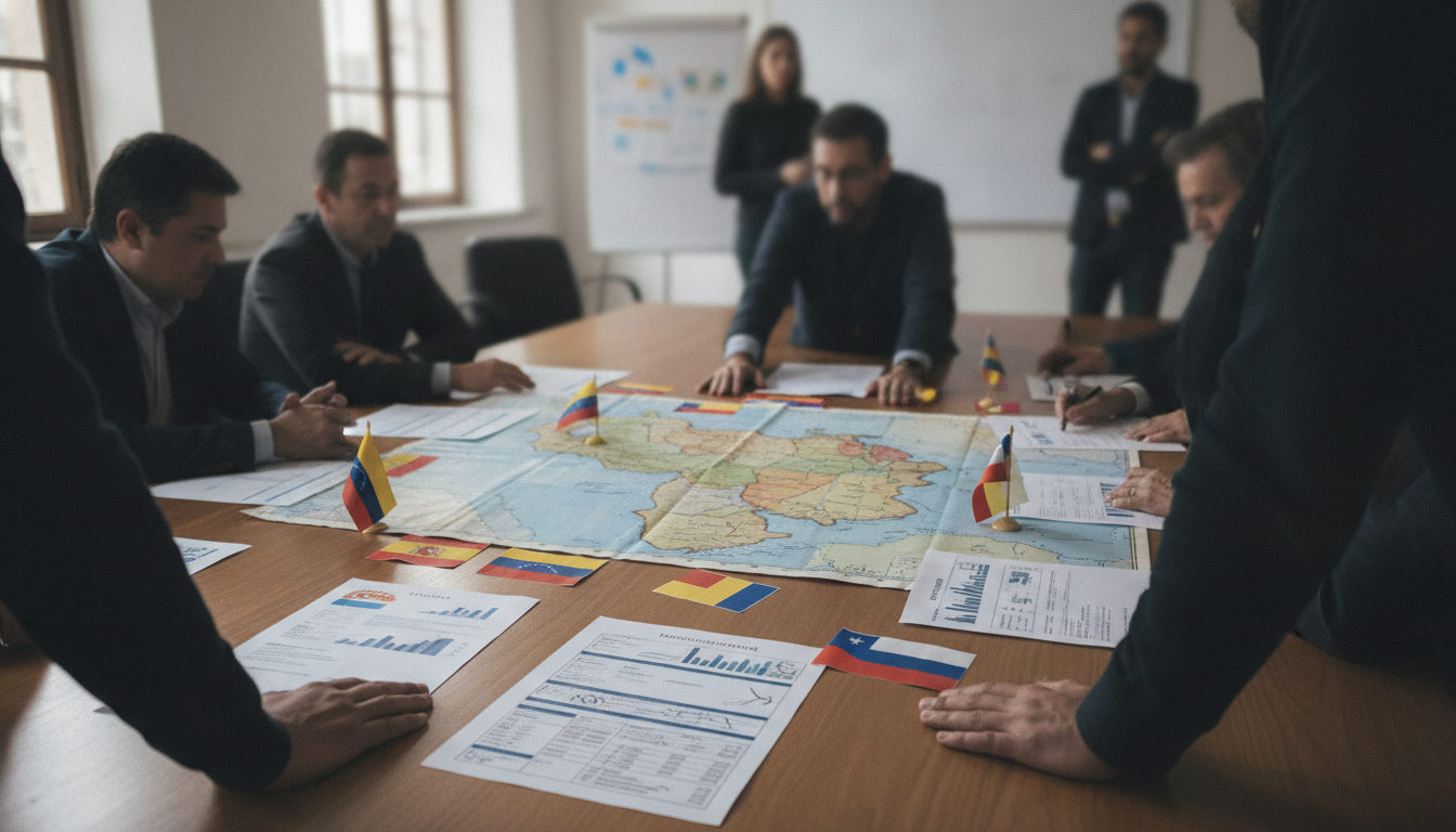 Manos unidas sobre documentos que representan el registro electoral y mapas, simbolizando la demanda de la diáspora venezolana para votar en el exterior.